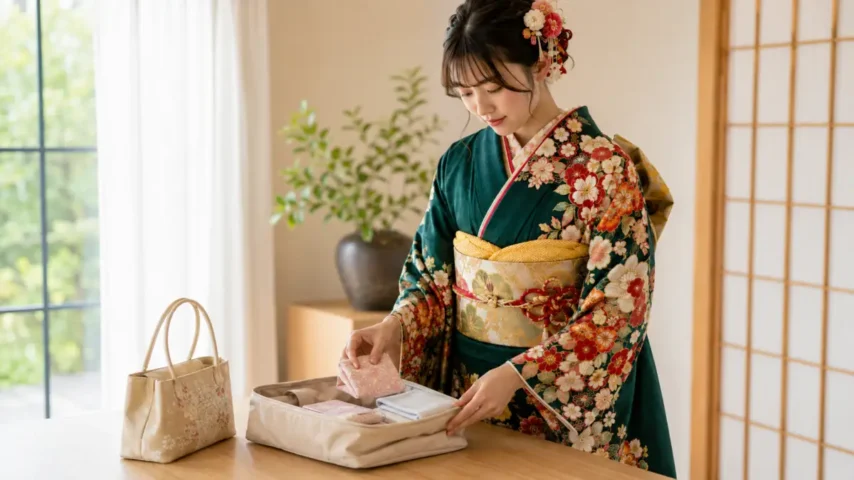 成人式 トイレ失敗と生理対策のためにポーチを準備する日本人女性