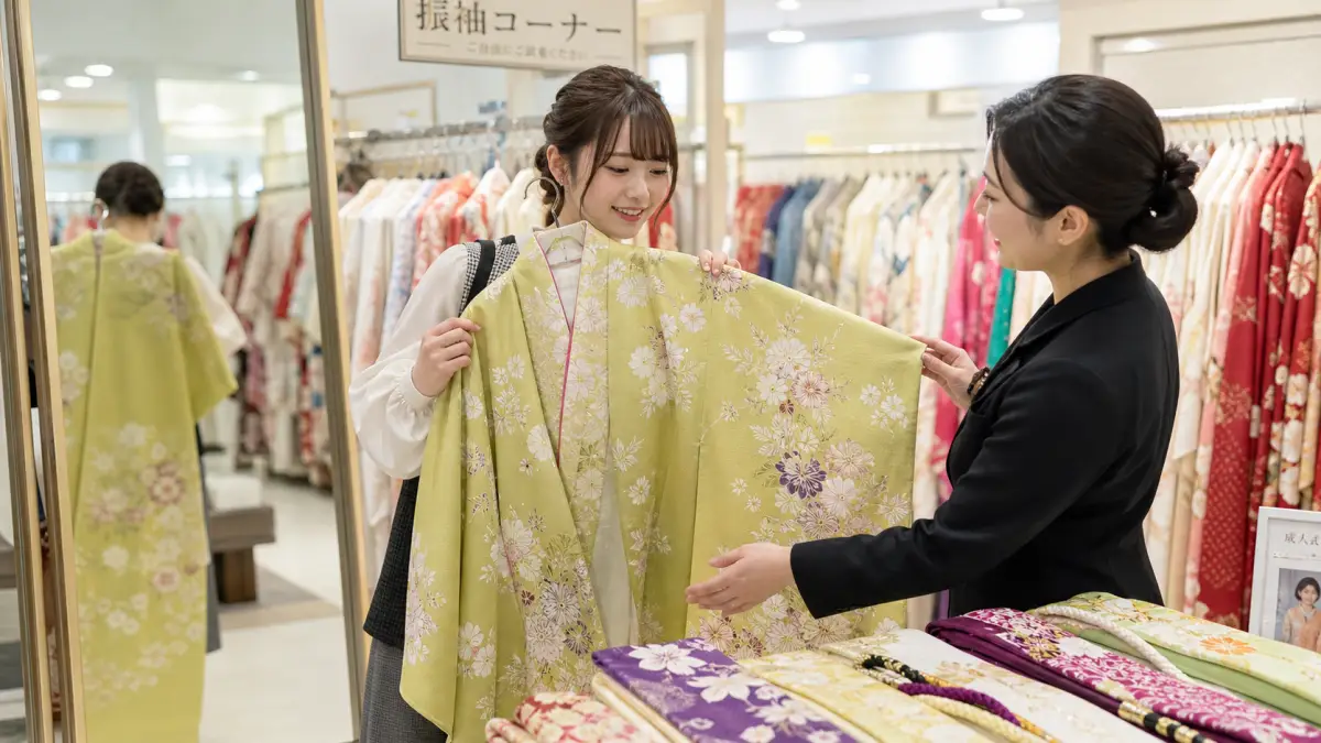 黄緑振袖のレンタル前チェック 成人式 着物黄緑をレンタル前に確認する日本人女性