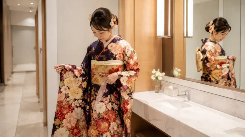 成人式 トイレ失敗を防ぐために振袖の袖と裾を確認する日本人女性