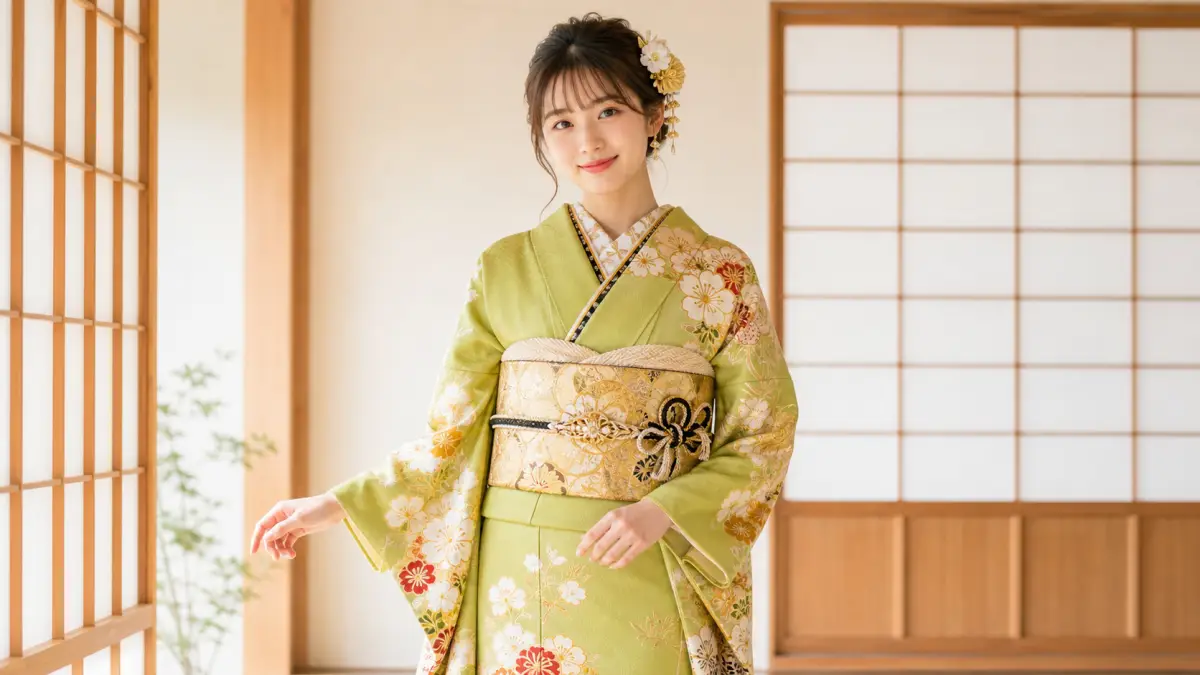 緑の振袖に合う帯コーディネート 成人式 着物黄緑に合う金帯コーディネートの日本人女性