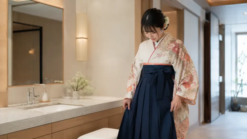 成人式 トイレ失敗を防ぐために袴の裾を確認する日本人女性