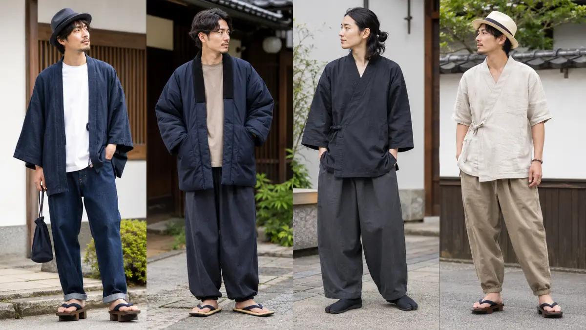 和装中心のジャパニーズ カジュアルコーデ 和装中心のジャパニーズ カジュアルで羽織、半纏、下駄、帽子を取り入れた日本人男性のコーデ