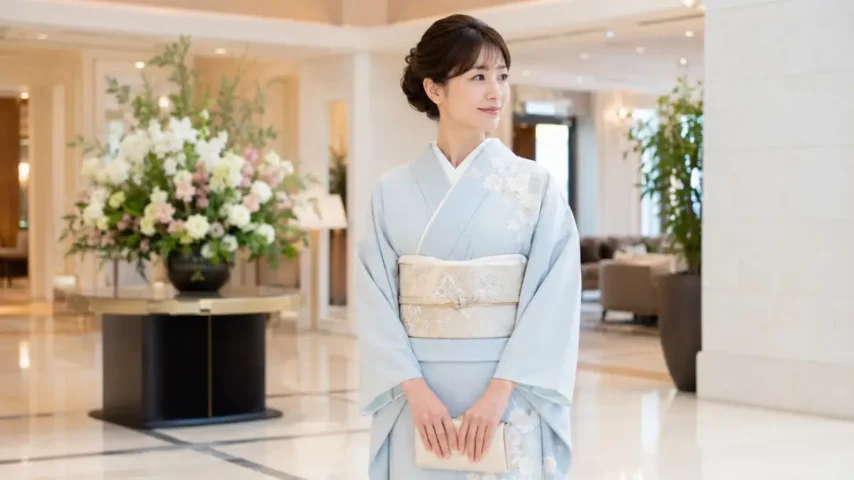 7月の着物結婚式で失敗しない装い 7月の着物結婚式にふさわしい絽の訪問着を着た日本人女性