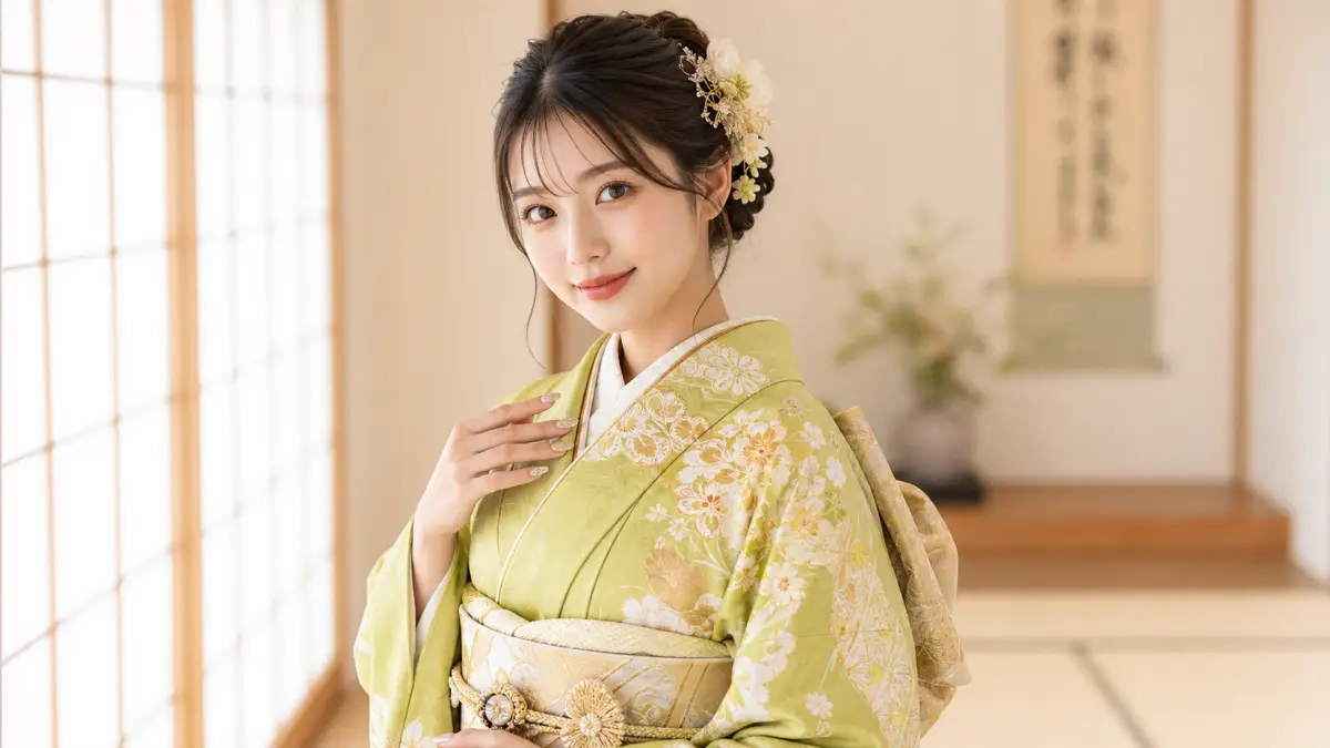 黄緑振袖に合うメイクとネイル 成人式 着物黄緑に合うメイクとネイルをした日本人女性