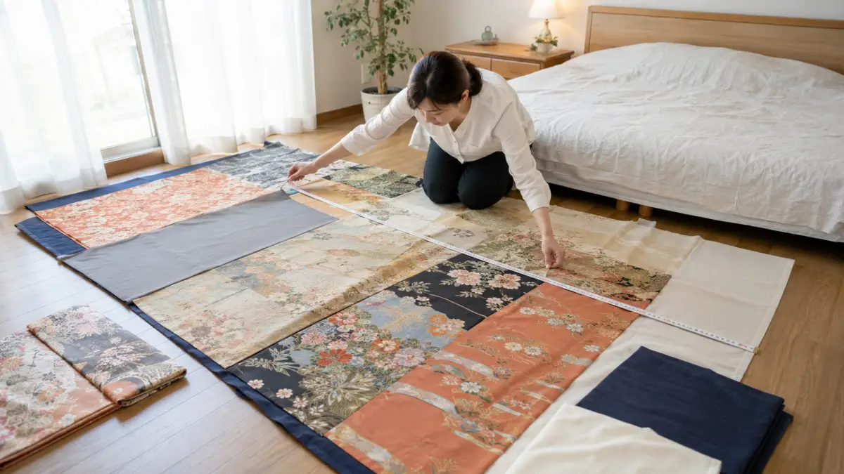 着物リメイクベッドカバー 作り方のサイズと着物枚数の目安