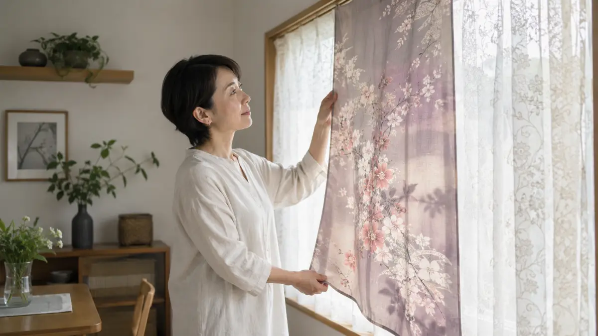 着物リメイク カーテンの日焼けと防炎を確認する日本人女性