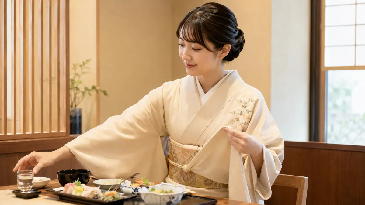 着物腕を上げる時に食事中の袂を押さえて袖を汚さない所作