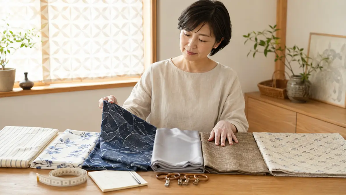 着物リメイク カーテンに向く素材を比較する日本人女性