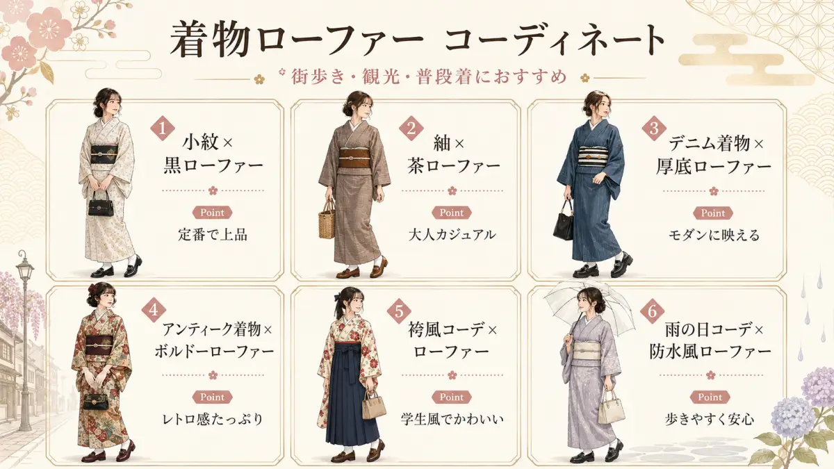着物ローファーコーディネート 着物にローファーを合わせたコーディネート例を6種類紹介する画像