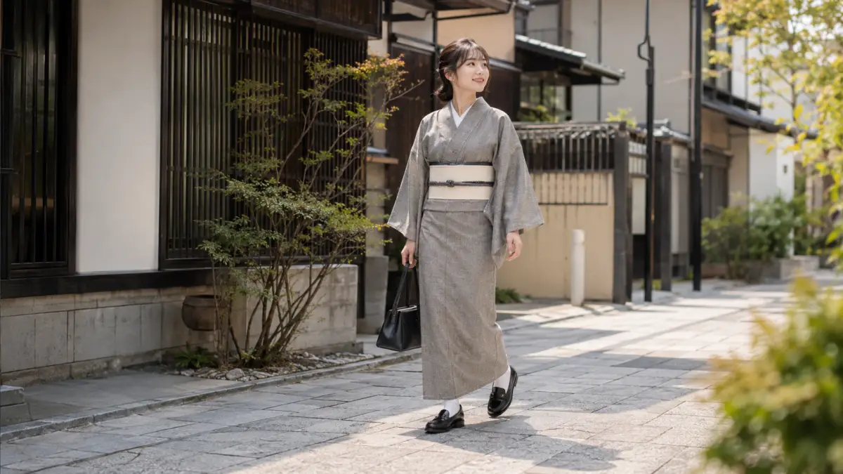 着物にローファーを合わせるまとめイメージ 着物にローファーを合わせた日本人女性のカジュアルな街歩き姿