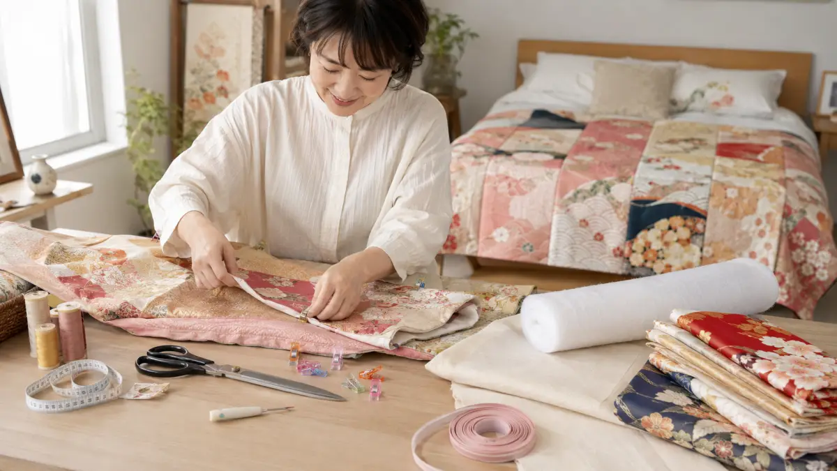 着物リメイクベッドカバーを作るためのキルト芯や裏布、裁縫道具を並べて作業している様子