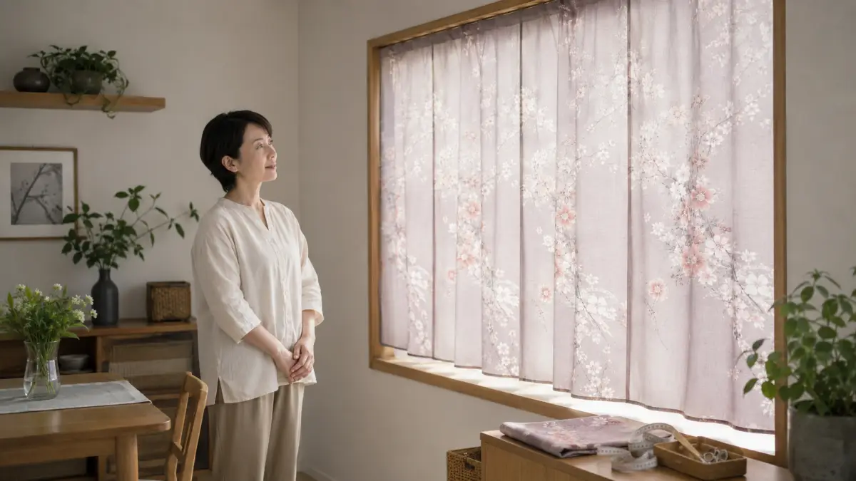 着物リメイク カーテンの完成後の部屋を見る日本人女性