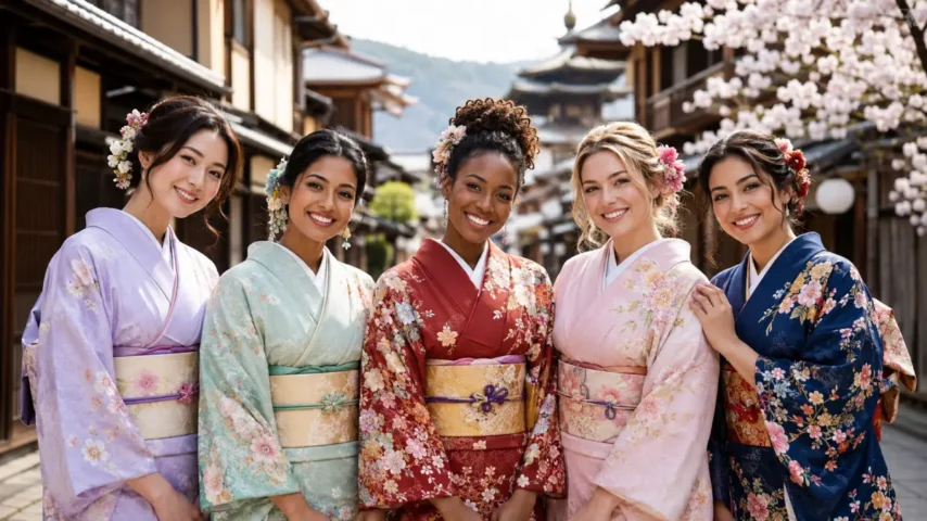 日本観光で着物レンタルを楽しむ外国人女性 いろいろな国の女性が日本の街並みで着物レンタルを楽しむ様子