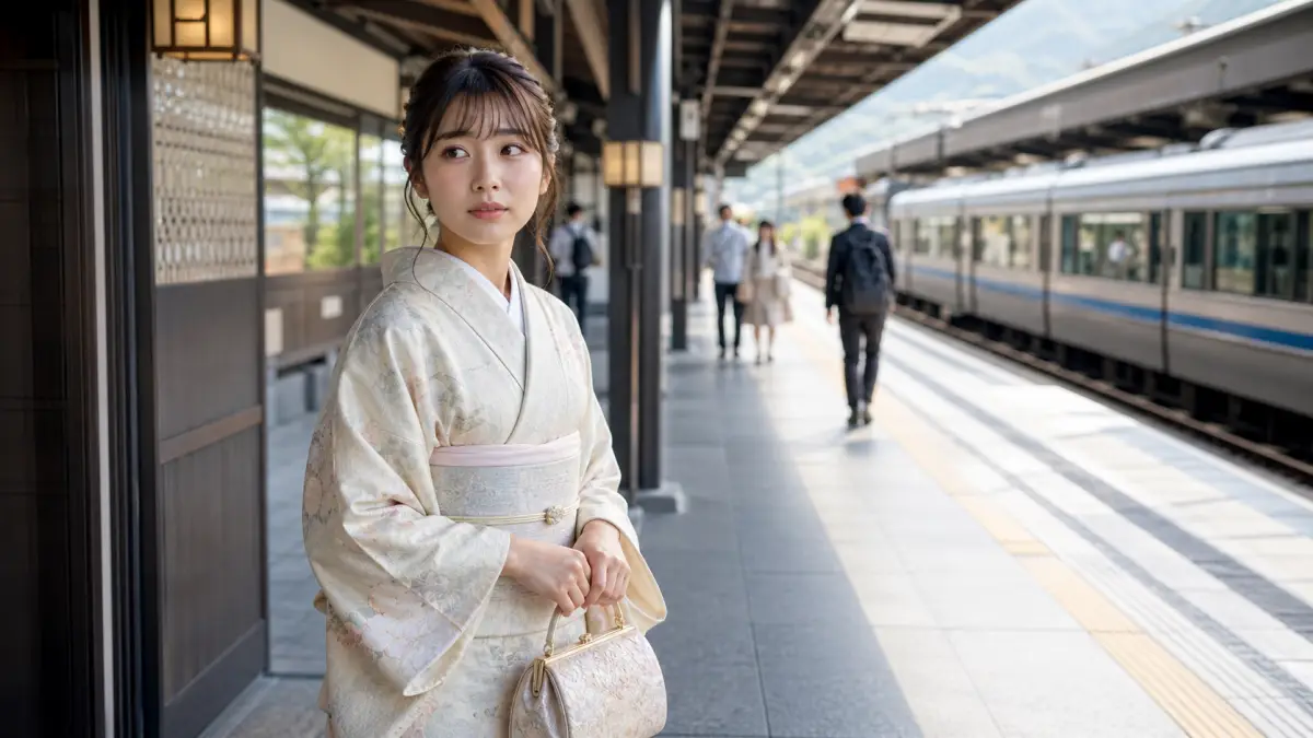 着物で電車に乗る前に不安を感じる女性 着物 電車 恥ずかしいと感じる京都観光の日本人女性