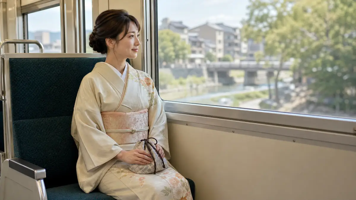 着物で電車に座るときのマナー 着物 電車 座り方の注意点を示す日本人女性
