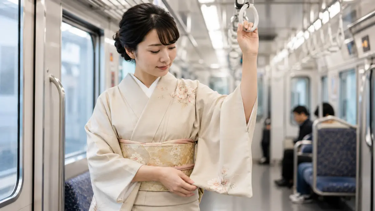 着物腕を上げる時につり革で袖口を押さえる女性の画像
