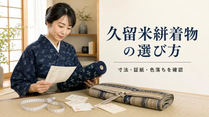 久留米絣着物の選び方を説明する日本人女性の画像
