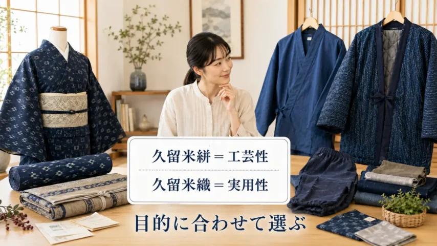 久留米絣と久留米織の違いまとめを比較表で説明する画像