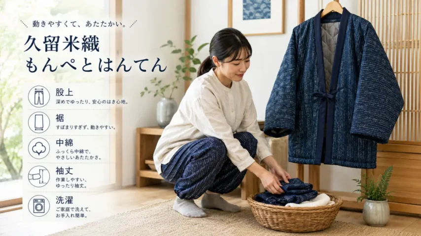久留米織もんぺとはんてんの選び方を説明する画像