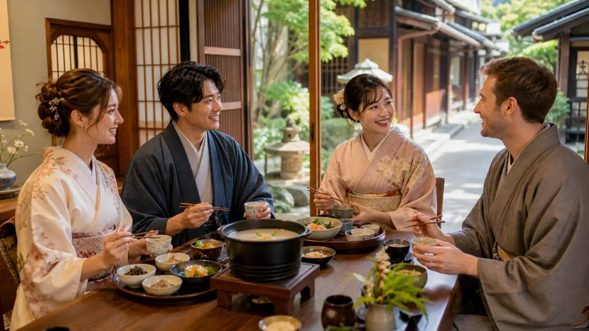 京都 着物 ランチを楽しむ日本人と外国人観光客
