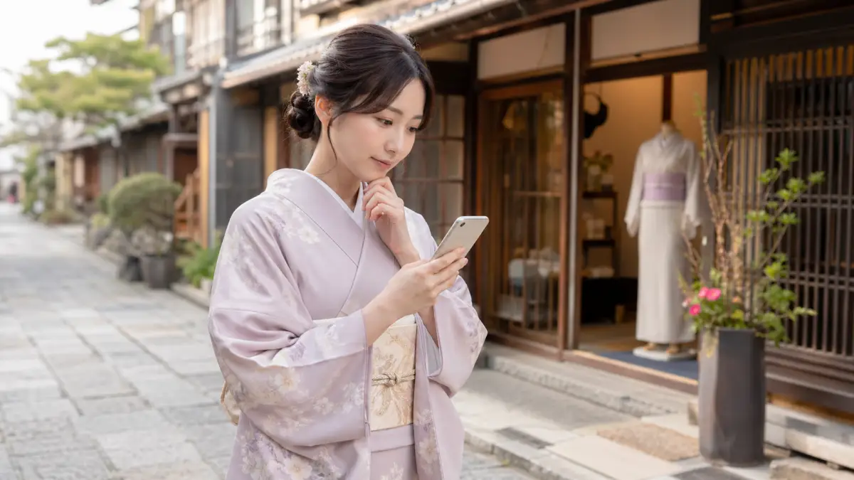京都 着物 ランチの予約と返却時間を確認する日本人女性