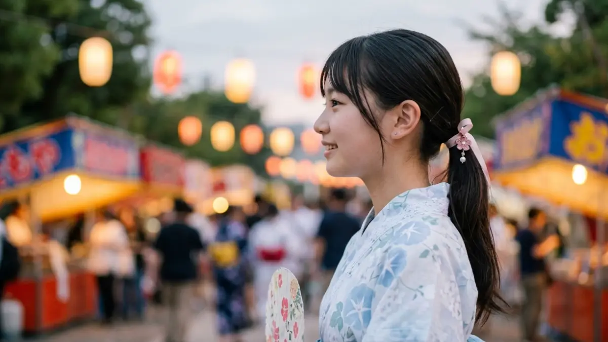 清楚な低めポニーテールの浴衣ヘア 淡い色の浴衣に細いリボンを合わせた中学生女子の低めポニーテール