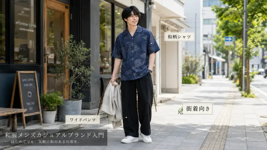 和洋折衷メンズブランドのカジュアルな和服風コーデを着る日本人男性