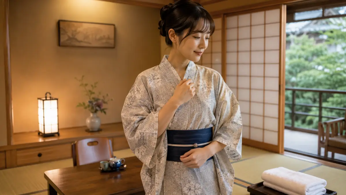 浴衣どっちが上女で温泉浴衣の右前を確認する女性