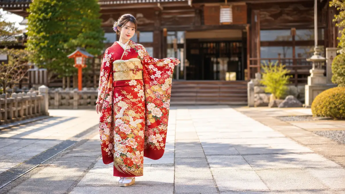 赤系古典柄振袖の魅力 成人式着物 赤系の古典柄振袖を着た日本人女性