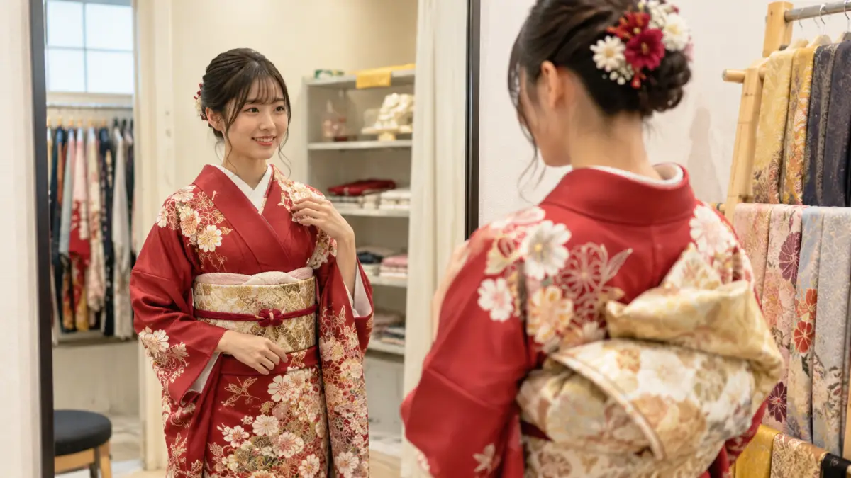 赤系振袖レンタル選びのイメージ 成人式着物 赤系の振袖レンタルを検討する日本人女性