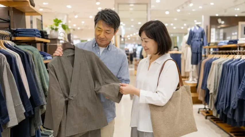 イオンで作務衣が買えるか衣料品売り場を確認する日本人