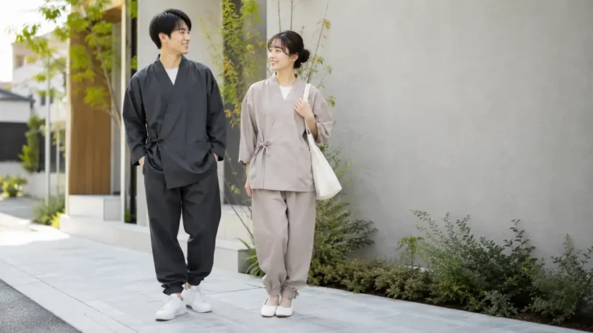 作務衣を普段着としておしゃれに着こなす20代男女のコーディネート