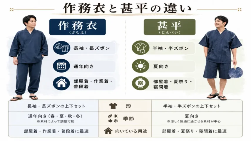 作務衣と甚平の違いを形・季節・用途で比較した画像