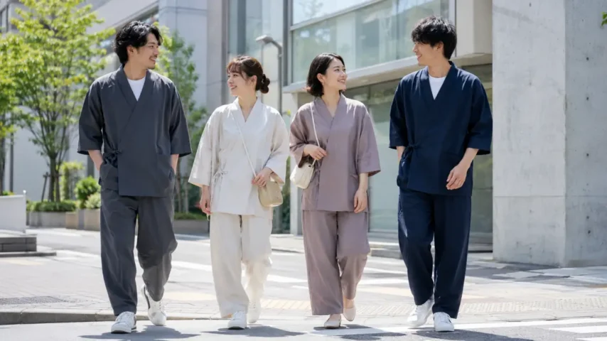 作務衣 普段着おかしいと不安な人向けのおしゃれな着こなし例として20代30代の男女が作務衣を着る様子
