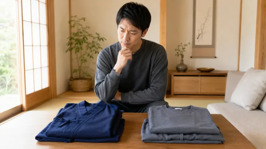 作務衣ユニクロの代替案としてルームウェアを比較する日本人男性