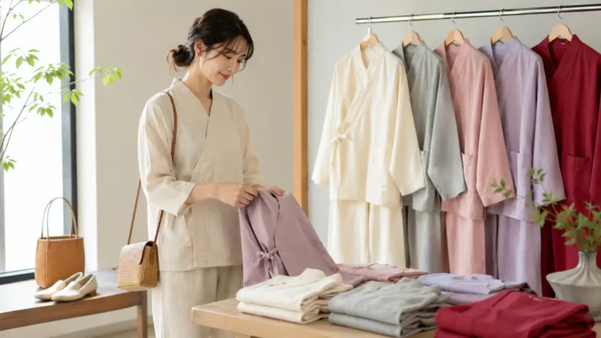 作務衣女性かわいい選び方として淡色やくすみカラーの作務衣を選ぶ日本人女性