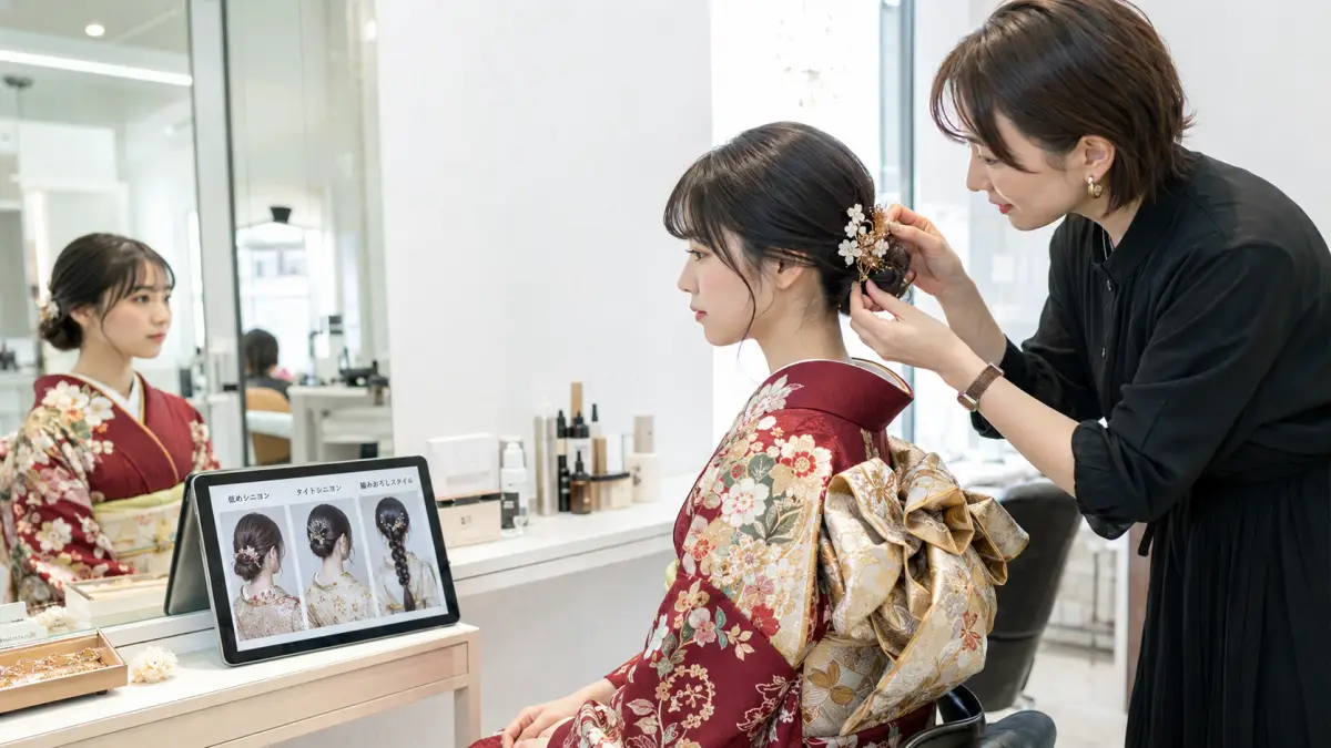 成人式髪 飾り失敗を防ぐために美容室で髪型と髪飾りを確認する日本人女性