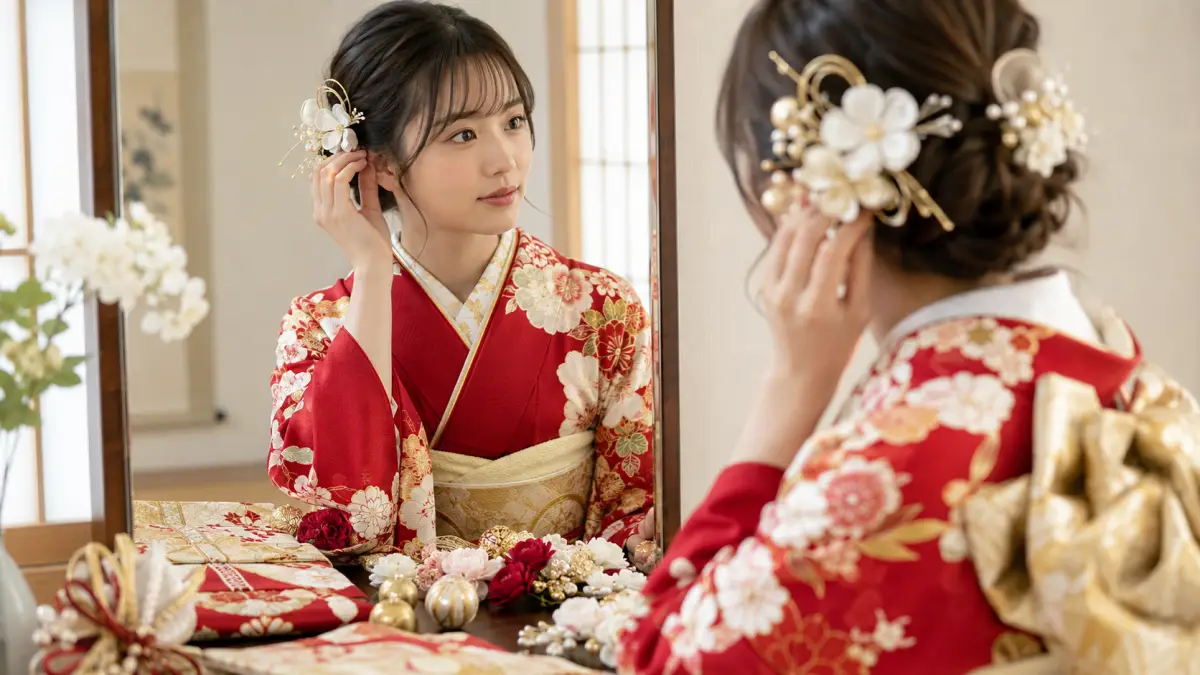 成人式 髪飾り失敗を避けるために振袖と髪飾りの色を合わせる女性