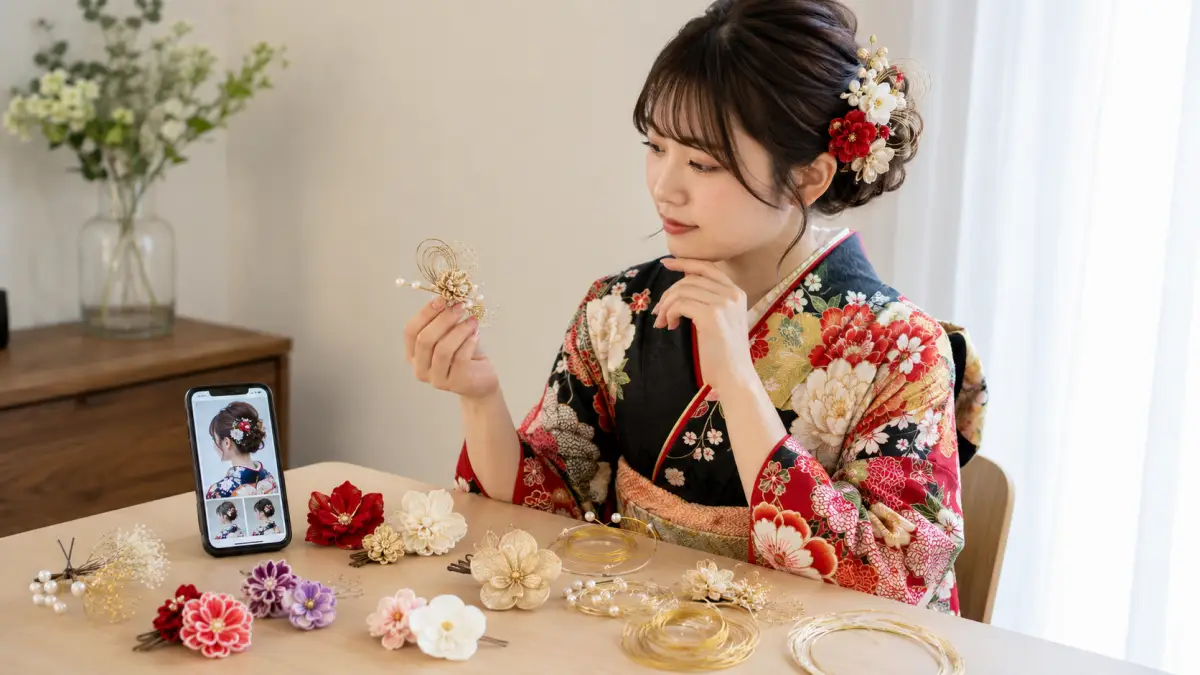 成人式 髪飾り失敗を防ぐために振袖写真と髪飾りを見比べる女性