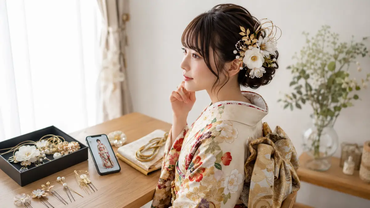 成人式 髪飾り失敗を防ぐために髪飾りと振袖の最終確認をする女性
