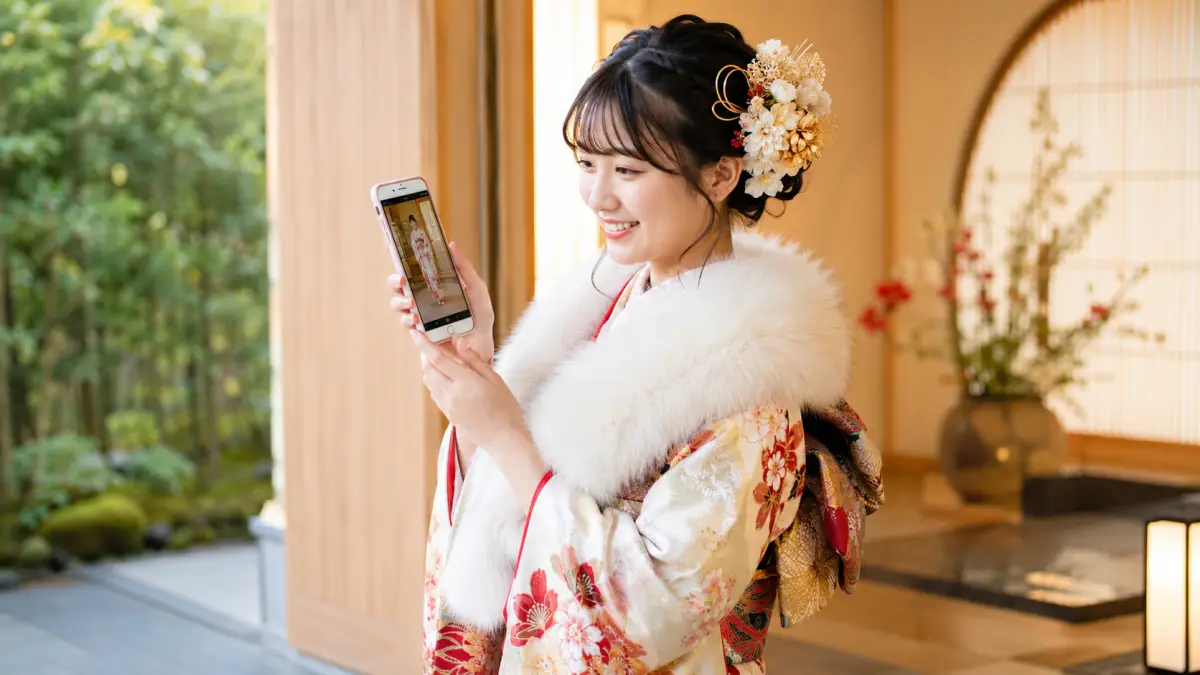 成人式髪 飾り失敗を防ぎ振袖姿の写真を確認する日本人女性
