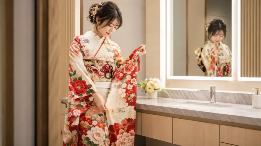 成人式 トイレ失敗を防ぐために振袖姿の日本人女性が持ち物を確認している実写画像