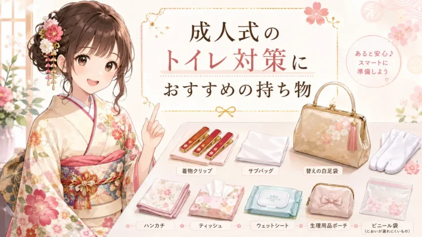 成人式のトイレ対策におすすめの持ち物をまとめた振袖女性のイラスト