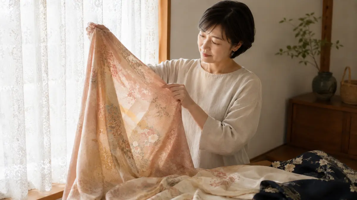 着物リメイク カーテン用に正絹や古布の状態を確認する日本人女性