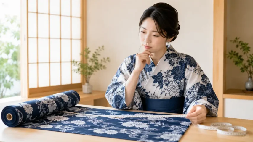 浴衣反物長さ12メートルで仕立てに使えるか確認する日本人女性の画像