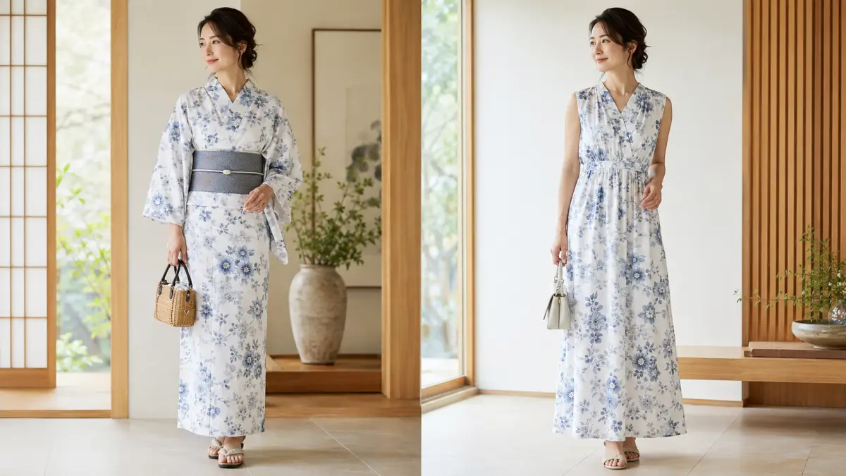 浴衣ワンピース大人の2WAYタイプを着た日本人女性の比較イメージ