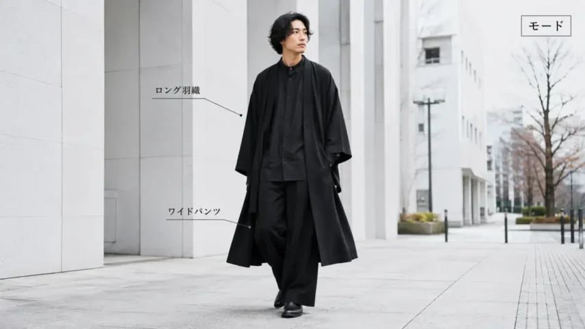 和洋折衷メンズブランドの和モードコーデを着る日本人男性