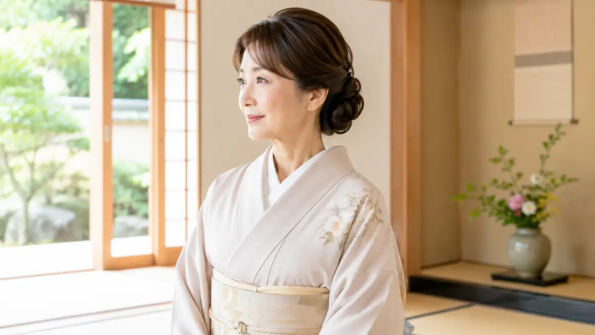 和装 髪型 50代 ミディアムの低めシニヨン