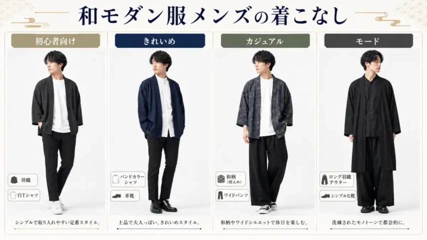 和洋折衷メンズブランドの着こなしを4パターンで比較する男性コーデ