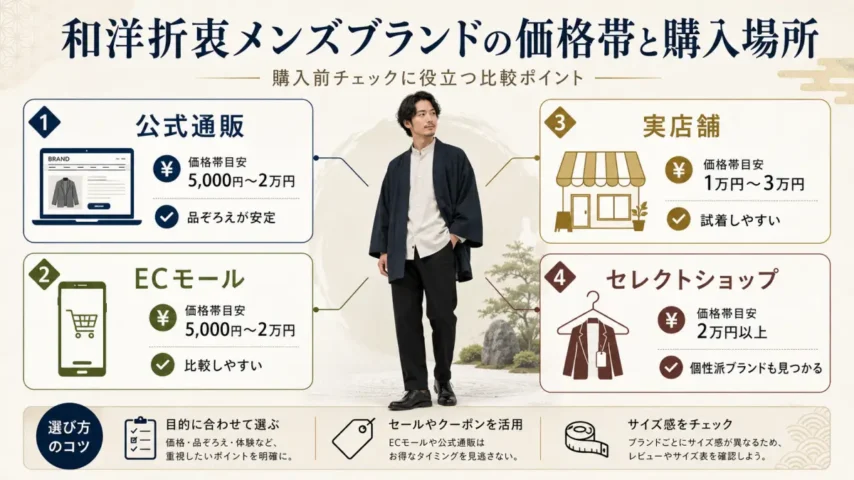 和洋折衷メンズブランドの価格帯と購入場所を比較する画像